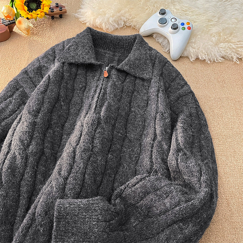 Damen Hochwertiger Strickpullover mit kurzem Reißverschluss und klassischem Kragen EB