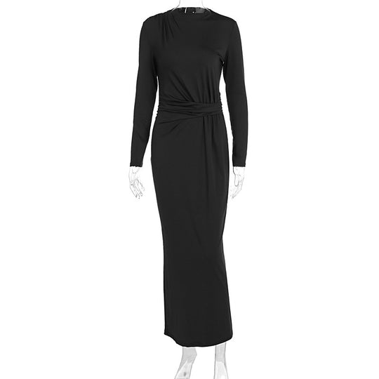 Damen figurbetontes Maxikleid mit eleganten Drapierungen und langem Arm EB