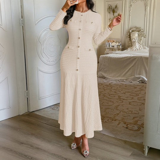 Damen nan tailliertes Maxi-Strickkleid mit durchgehender Knopfleiste und dekorativen Zierknöpfen EB