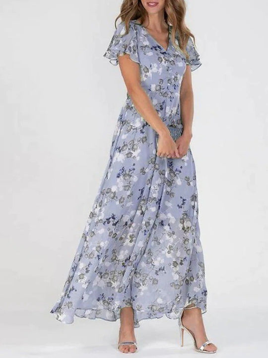 Damen Maxikleid mit floralem Chiffon-Stoff und transparenten Ärmeln EB