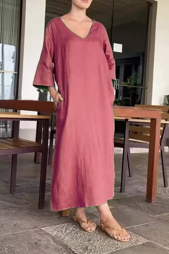 Damen luftiges Maxikleid aus atmungsaktiver Baumwolle mit V-Ausschnitt und praktischen Taschen EB