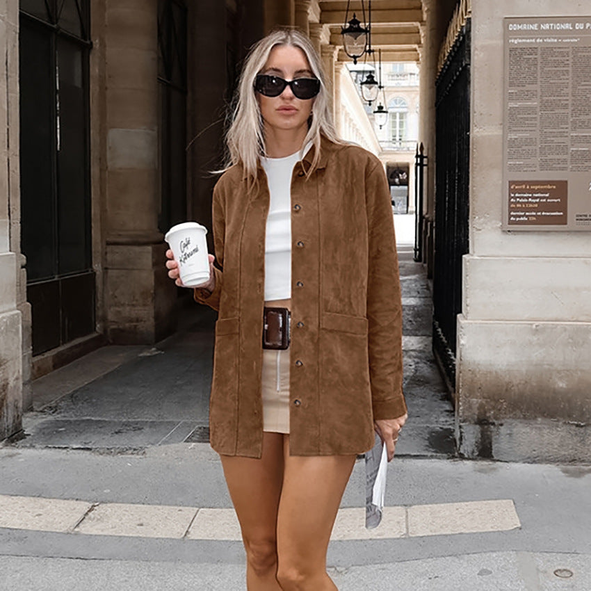Damen Modische Wildlederjacke mit Druckknopfverschluss und praktischen Taschen EB