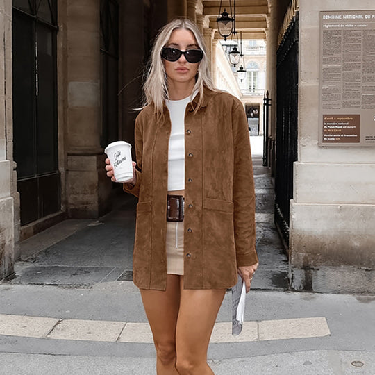 Damen Modische Wildlederjacke mit Druckknopfverschluss und praktischen Taschen EB