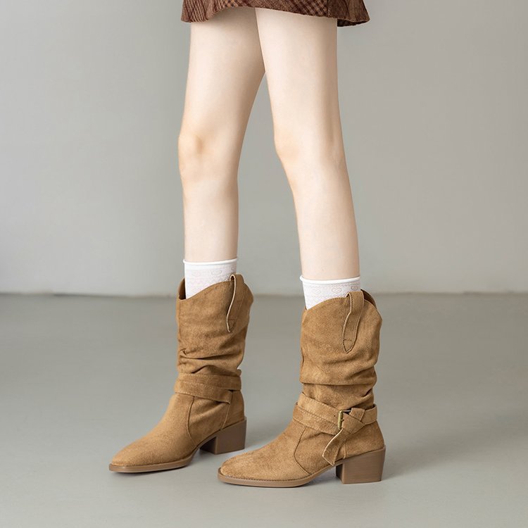 Damen Stiefeletten im Western-Stil mit modischem Riemen und Blockabsatz EB