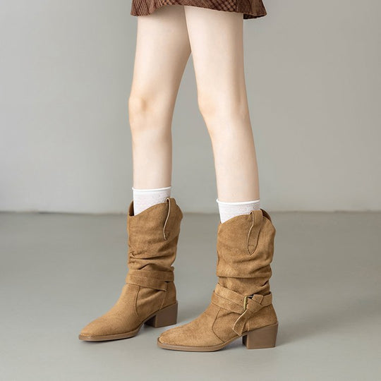 Damen Stiefeletten im Western-Stil mit modischem Riemen und Blockabsatz EB