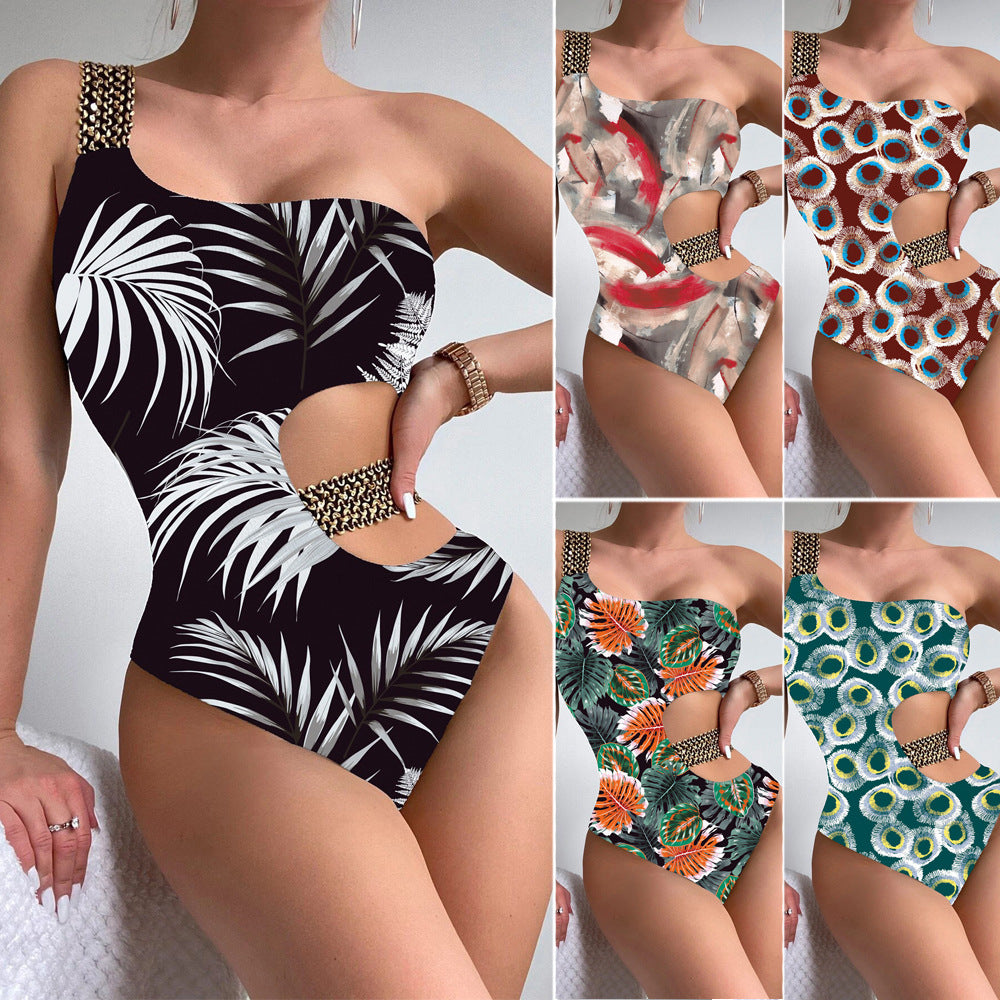 Damen Einteiliger Designer-Badeanzug mit asymmetrischem Schnitt und modischem Trägerriemen EB
