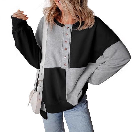 Damen lässiger Kapuzenpullover mit Knopfdetails und Farbblockdesign EB