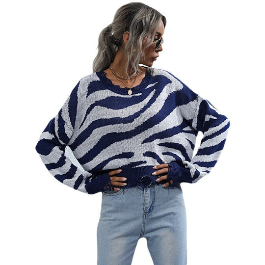 Damen Oversized Strickpullover mit modernem Zebra-Design und weitem Schnitt EB