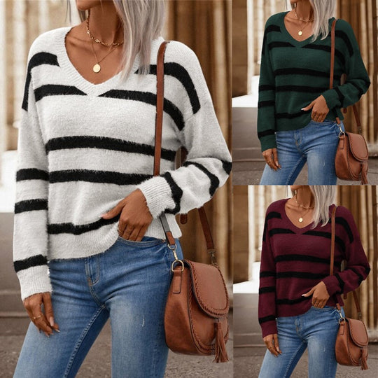 Damen V-Ausschnitt Pullover mit breiten Streifen und kuscheligem Material EB