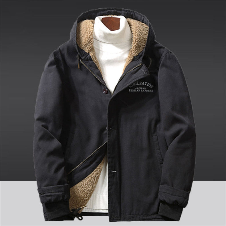 Herren Kapuzenjacke im Vintage-Worker-Stil mit Sherpa‑Futter EB