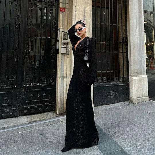 Damen elegantes gehäkeltes Maxikleid mit tiefem V-Ausschnitt EB
