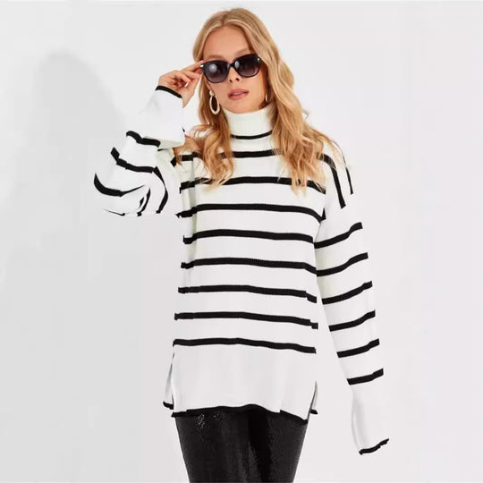 Damen gestrickter Rollkragenpullover mit modernem Streifenmuster und weitem Schnitt EB