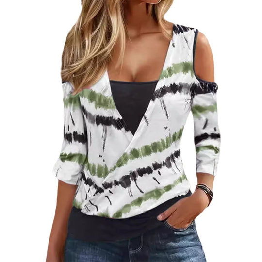 Damen Wickeloberteil mit Cut-Out-Ärmeln und einzigartigem Batikdesign EB