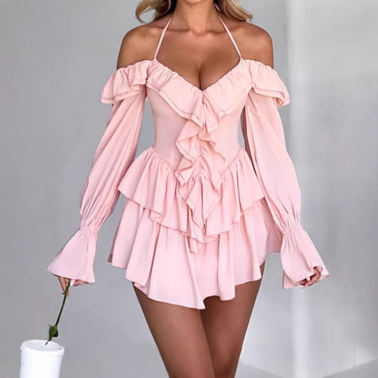Damen Verspieltes Mini-Kleid mit Rüschen und schulterfreiem Design EB
