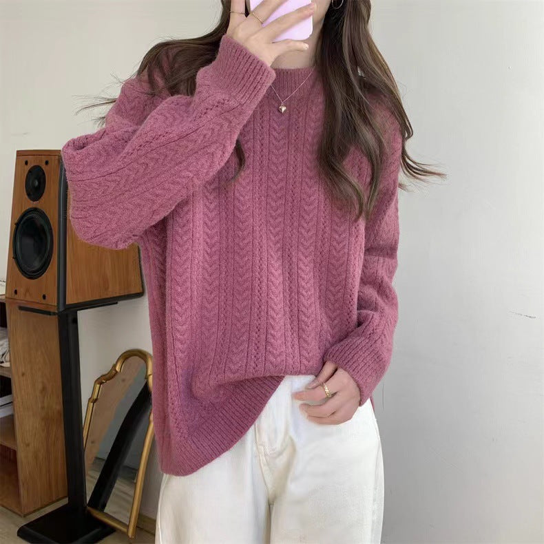 Damen Grobstrickpullover mit modernem Zopfmuster und hohem Rundhalsausschnitt EB