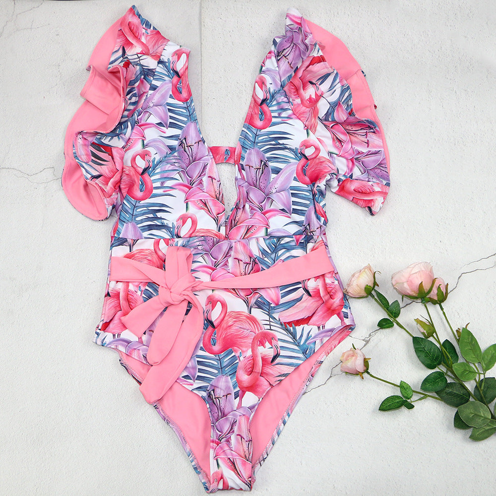 Damen Badeanzug mit floralem Design und frischem Wickelbund EB