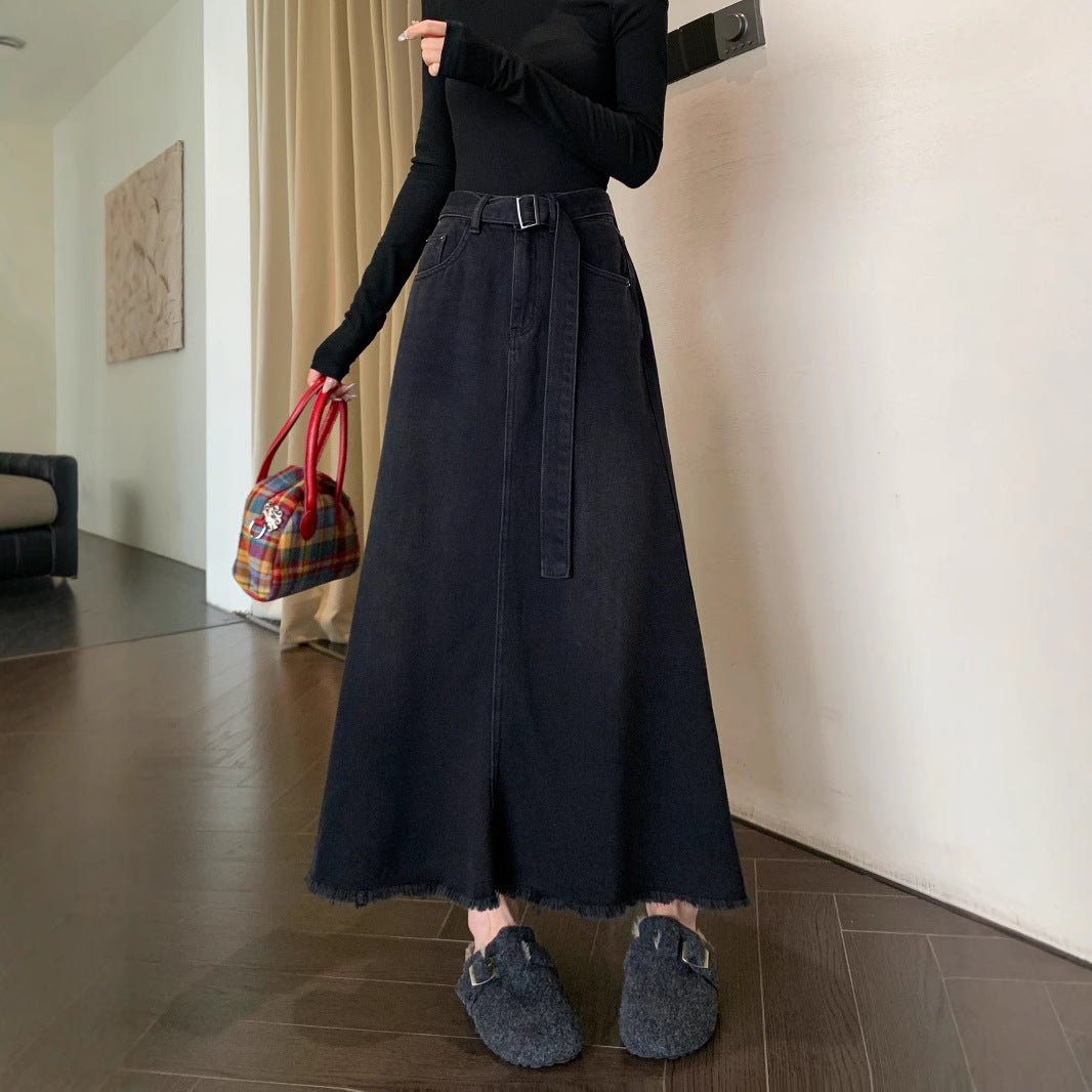 Damen Maxirock mit lässigem Gürtel und fransigem Saum EB