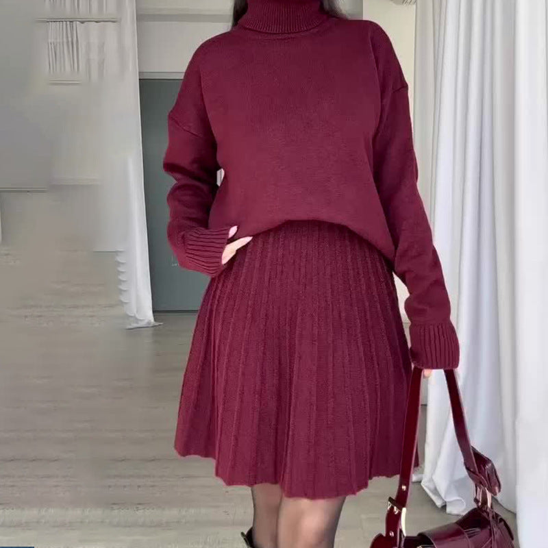 Damen Elegantes Strickensemble mit Rollkragen und fließendem Rock EB