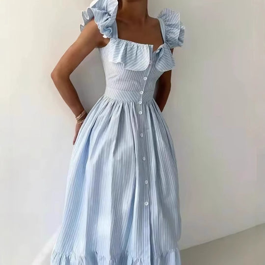 Damen Maxikleid mit voluminösem Rüschen-Design und Knopfverschluss EB