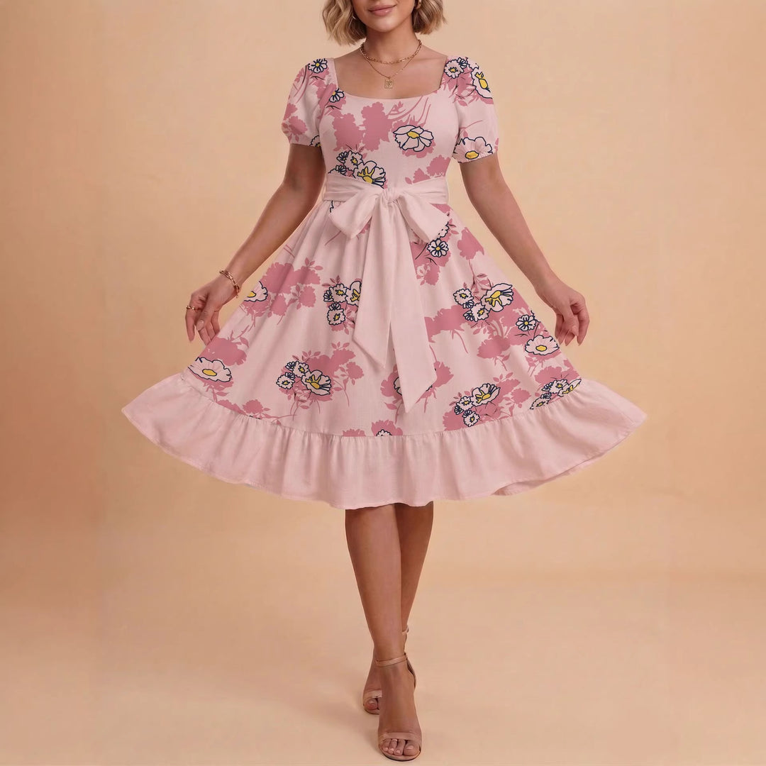 Damen Retro Maxikleid mit Puffärmeln und Taillengürtel EB