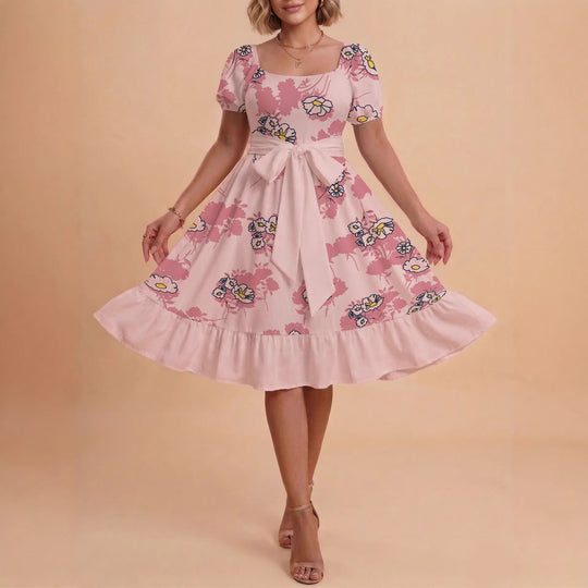 Damen Retro Maxikleid mit Puffärmeln und Taillengürtel EB