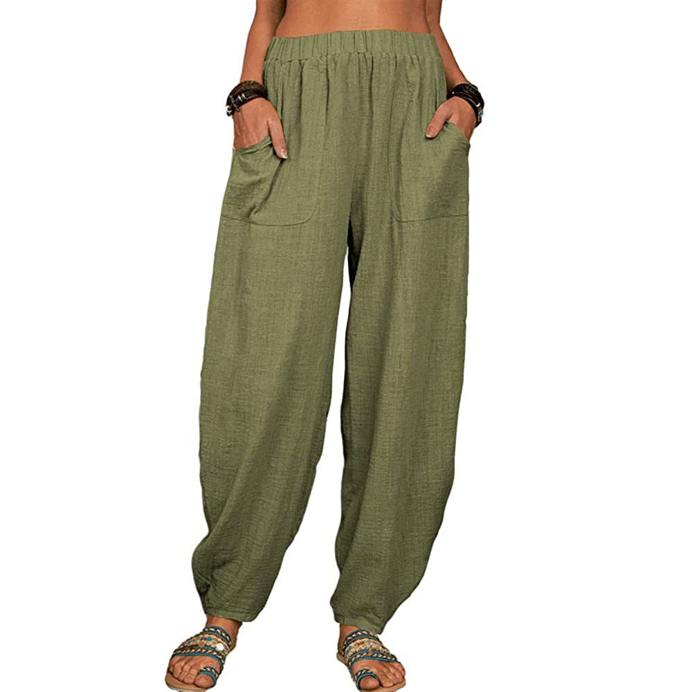 Damen nan lockere Leinenhose mit weitem Bein elastischem Bund und großen aufgesetzten Taschen EB