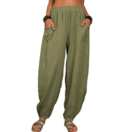 Damen nan lockere Leinenhose mit weitem Bein elastischem Bund und großen aufgesetzten Taschen EB