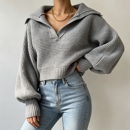 Damen Oversize-Strickpullover mit Matrosenkragen und tiefem V-Ausschnitt EB