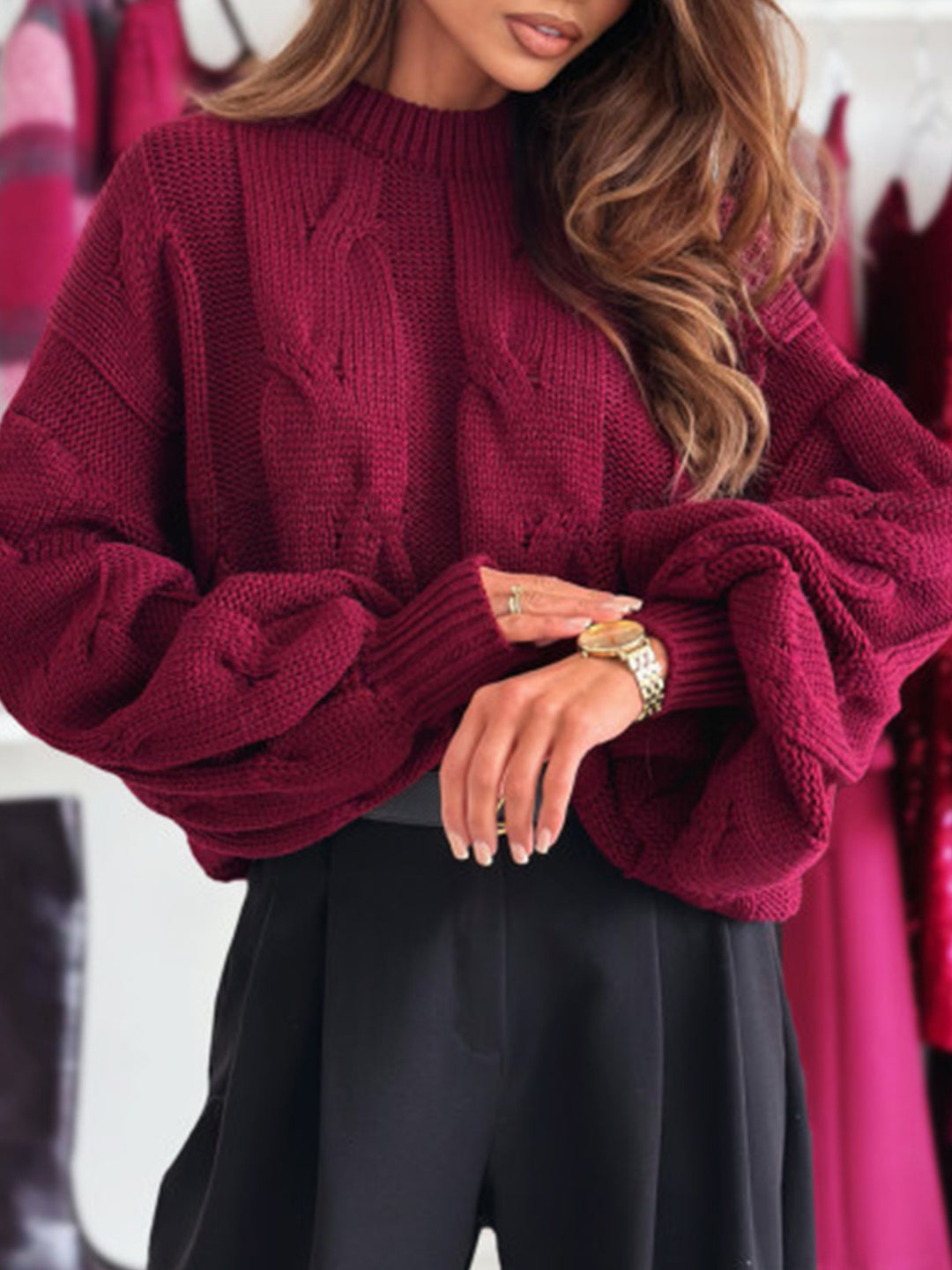 Damen Strickpullover mit Kabelmuster und Oversized-Schnitt EB