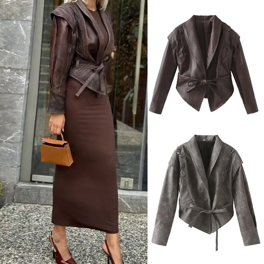 Damen Kunstlederblazer im modernem Design mit praktischem Gürtel EB
