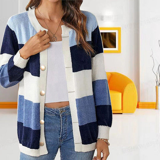 EB | Pastellfarbener Gestreifter Cardigan Polyester Stilvoll, Farblich