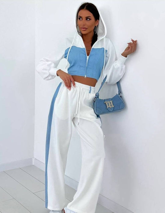 Damen sportliches Set mit cropped Kapuzenjacke und weitem Hosen EB