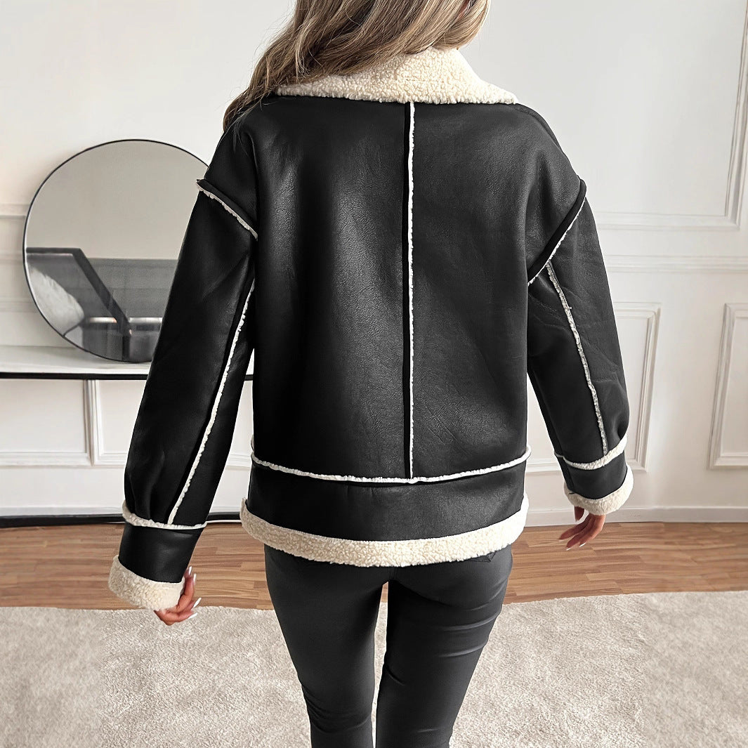 Damen stylische Kunstlederjacke mit Schaffellkragen EB