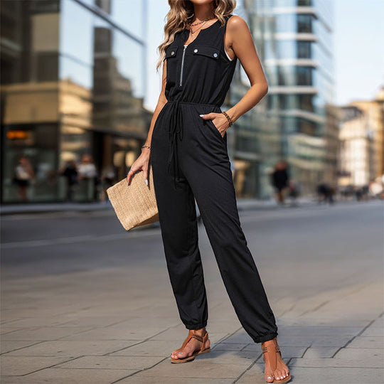 Damen Sportlicher Overall mit Reißverschluss und seitlichen Taschen EB