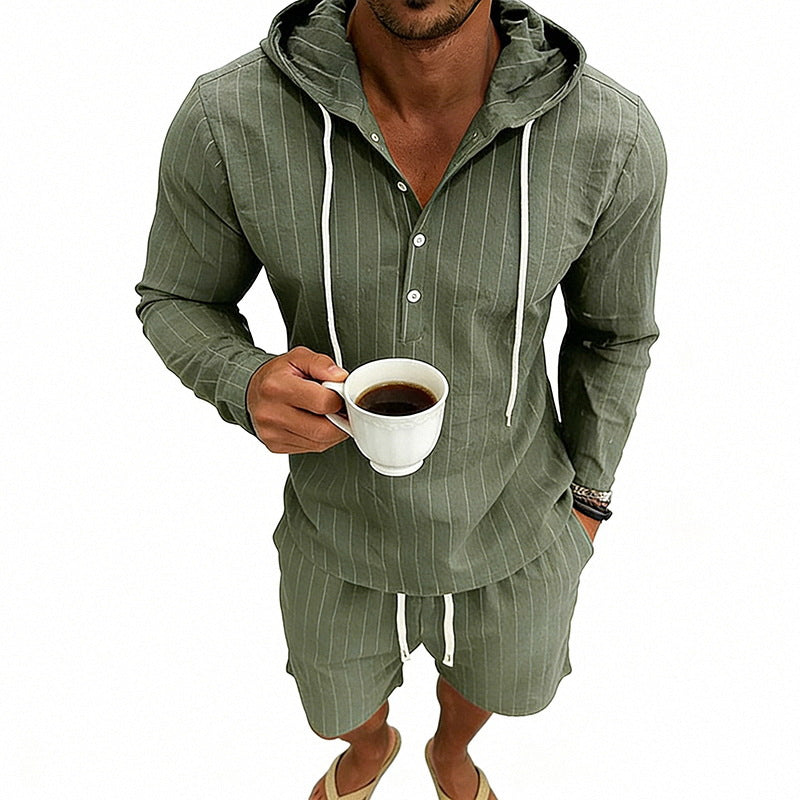 Herren nan gestreiftes Leinenoptik-Kapuzen-Henley-Set mit Tunnelzug-Shorts EB