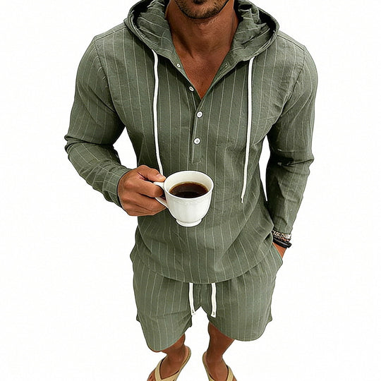 Herren nan gestreiftes Leinenoptik-Kapuzen-Henley-Set mit Tunnelzug-Shorts EB