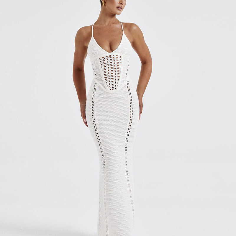 Damen Häkel-Maxikleid mit tiefem V-Ausschnitt und figurbetontem Schnitt EB