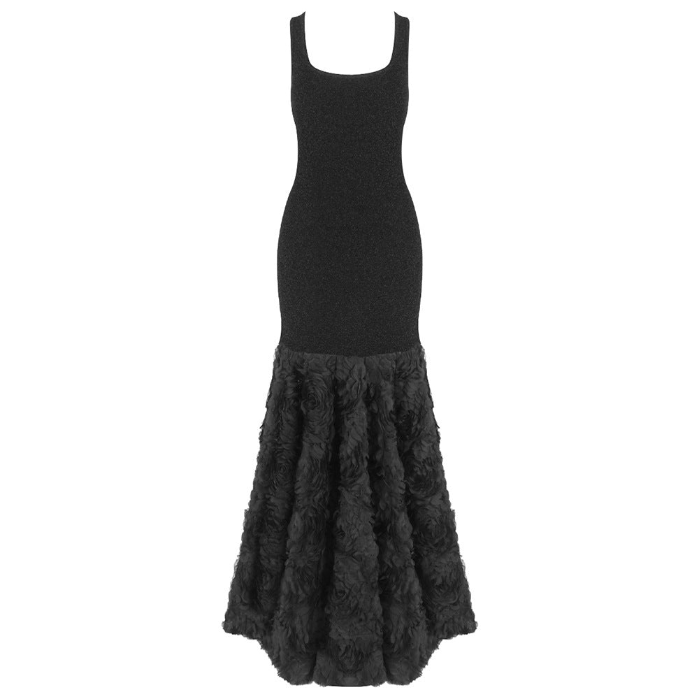 Damen glamouröses Maxikleid mit floralen Details und figurbetontem Oberteil EB