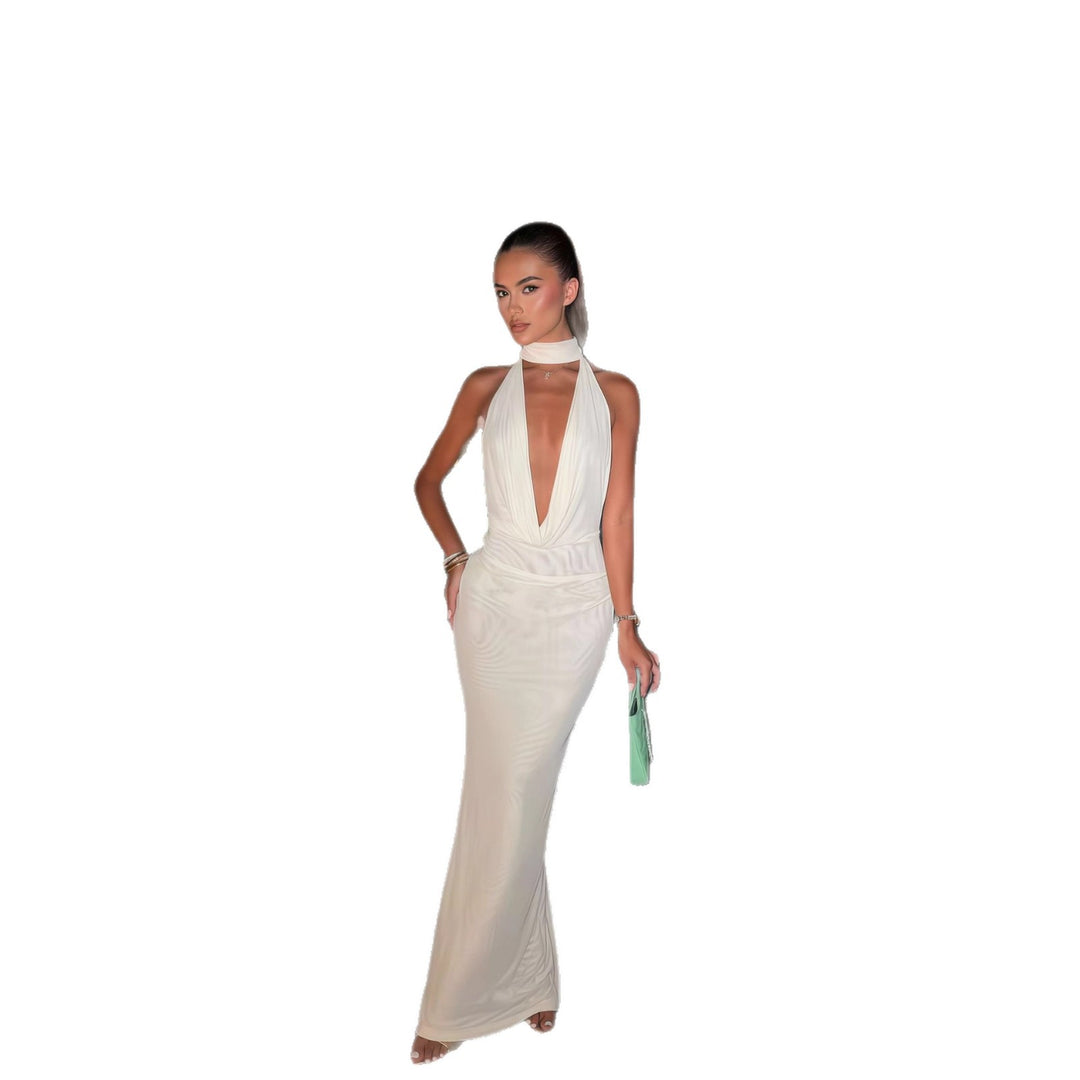 Damen Elegantes Maxikleid mit tiefem Wasserfall-Ausschnitt und schmalem Schnitt EB