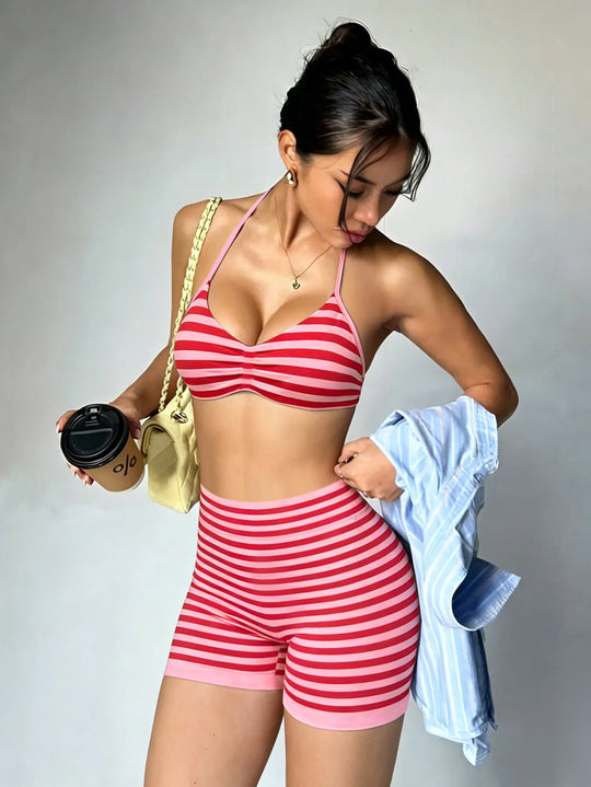 Damen Sportliches Bikini-Set mit hochgeschnittenen Shorts und rüschendetail EB