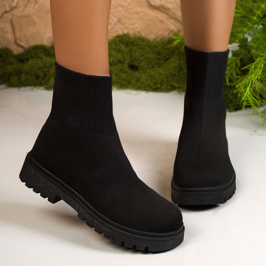 Damen nan gestrickte Sock-Stiefelette mit elastischem Rippbund stoßdämpfender Leichtsohle und robustem Traktorprofil EB
