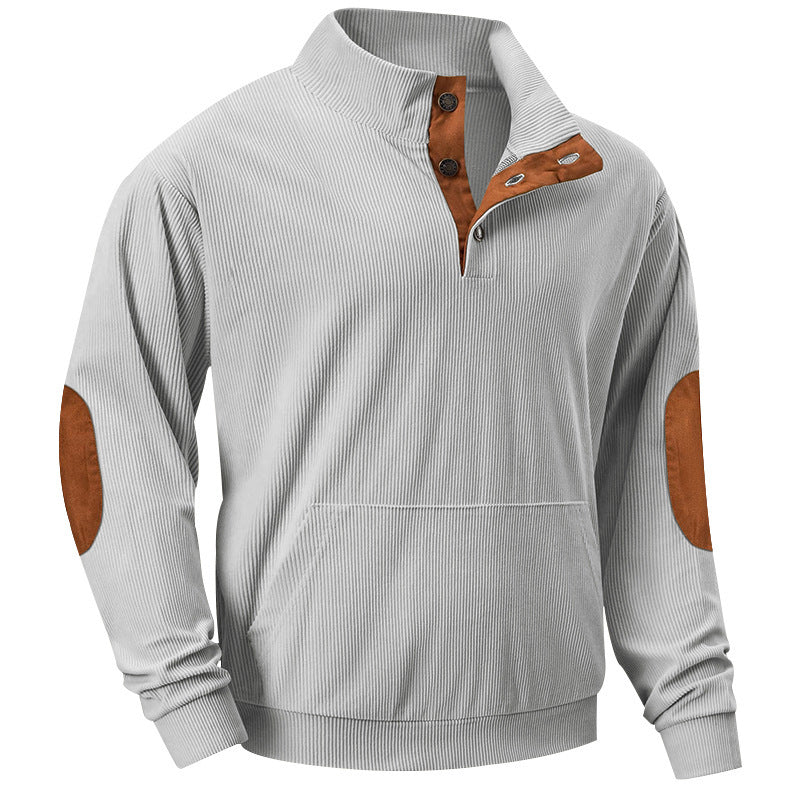 Herren Strukturiertes Ripp-Henley-Sweatshirt mit Stehkragen, Kängurutasche & Velours-Ellbogenpatches EB