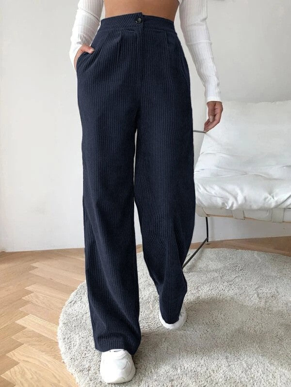 Damen Weite Cordhose mit hohem Bund und dekorativen Seitentaschen EB