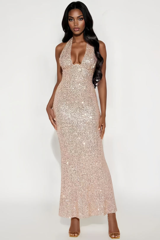 Damen Glamouröses Pailletten-Maxikleid mit tiefem V-Ausschnitt und schwingendem Saum EB