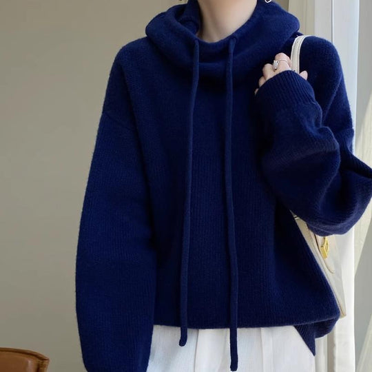 Damen Kuscheliger Rollkragen‑Hoodie aus Feinstrick mit Kordelzug und gerippten Bündchen EB