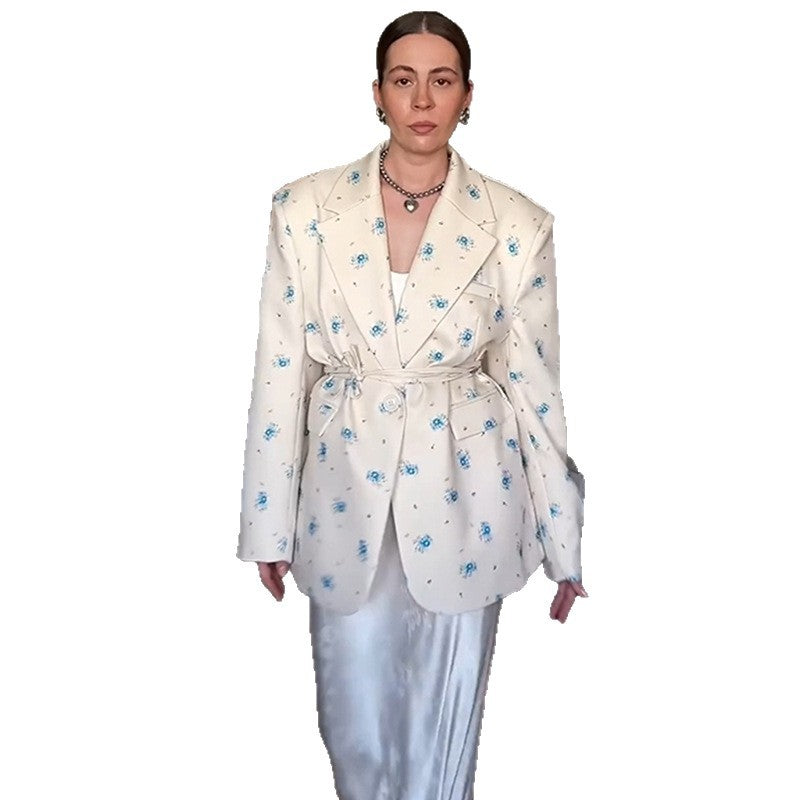 Damen Oversized Blazer mit floralen Details und Taillengürtel EB