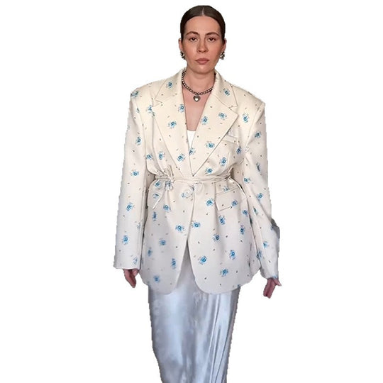 Damen Oversized Blazer mit floralen Details und Taillengürtel EB