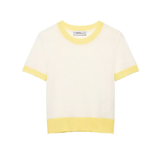Damen lässiges Kurzarmshirt mit maritimem Streifenmuster und feiner Strickstruktur EB