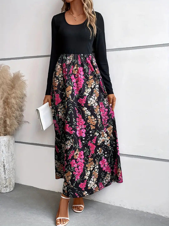 Damen Maxikleid mit floralem Print und langen Ärmeln EB