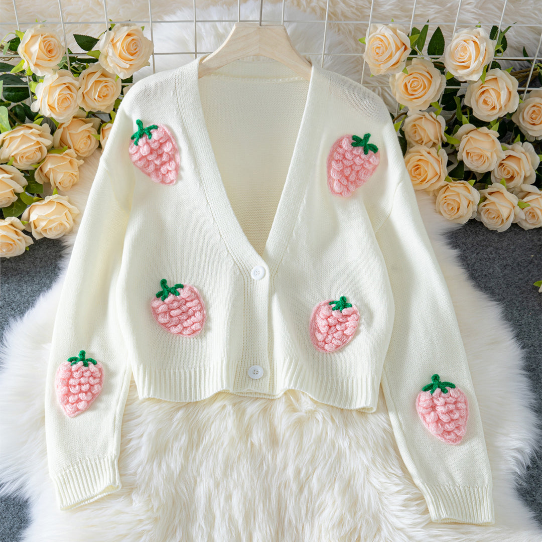 Damen lässige Strickjacke mit fruchtigen Applikationen und offenen Ärmeln EB